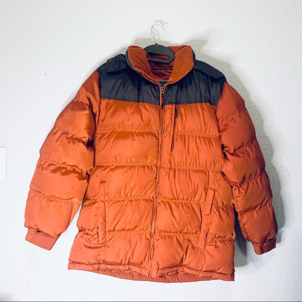 Nordic Track Mens Large Orange Gray Hooded Puffer Jacket Full Zip Insulated hood